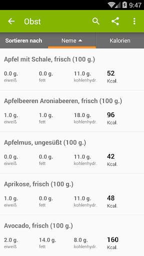 Kalorientabelle screenshot 3