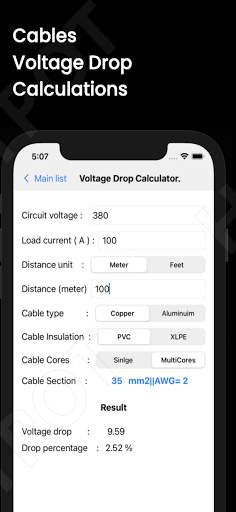 Voltage drop / Cable size /Short circuit Calcs screenshot 4