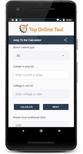 Amps to Kw Calculator – Free Online Converter screenshot 1