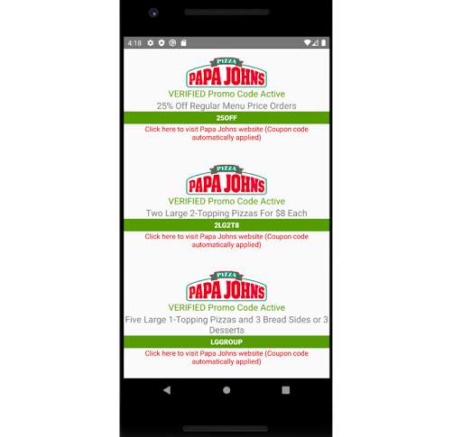 Papa Johns Pizza Coupons & 100's of free games screenshot 1