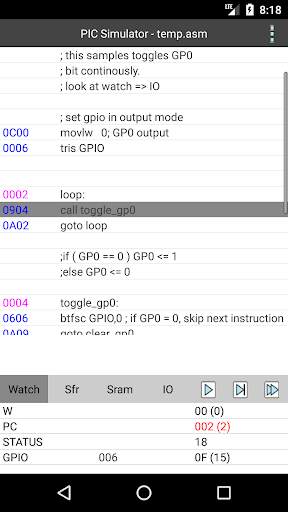 PICmicro simulator and assembler screenshot 1