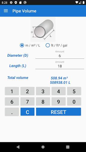 Pipe volume calculator screenshot 2