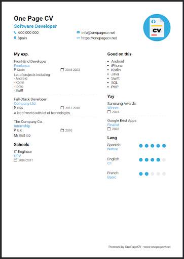 One Page CV: Create Resume PDF скриншот 1