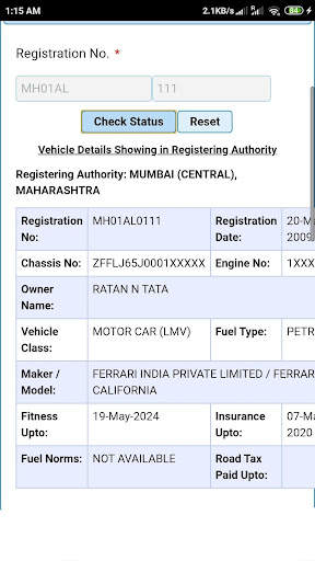 Vehicle registration details screenshot 1