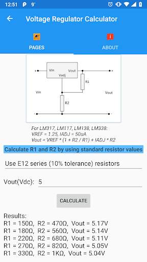 VAReg app: LM317, Voltage Divider Calculators screenshot 2