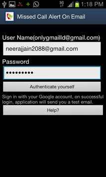 Missed call alerts on Email screenshot 1