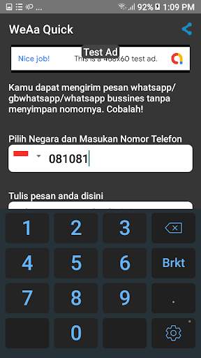 WeAa Quick-Kirim Pesan WhatsApp Tanpa Simpan Nomor screenshot 3