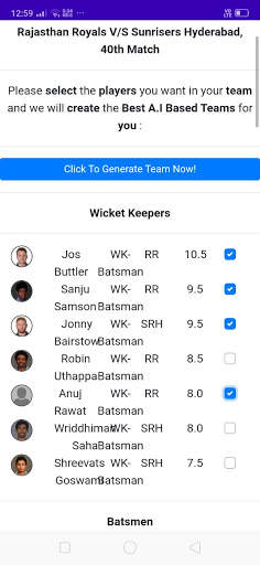 Team11 - A.I Team Builder for Cricket Fantasy Apps screenshot 3