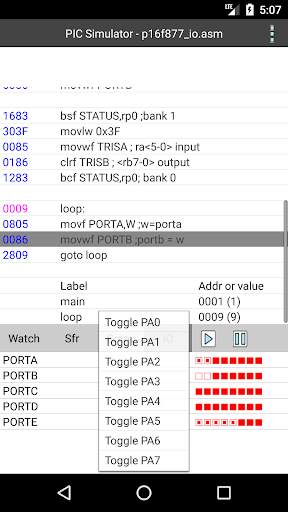 PICmicro simulator and assembler screenshot 2
