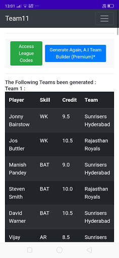 Team11 - A.I Team Builder for Cricket Fantasy Apps screenshot 4