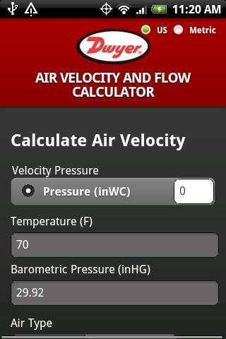Dwyer Air Velocity Calculator screenshot 1