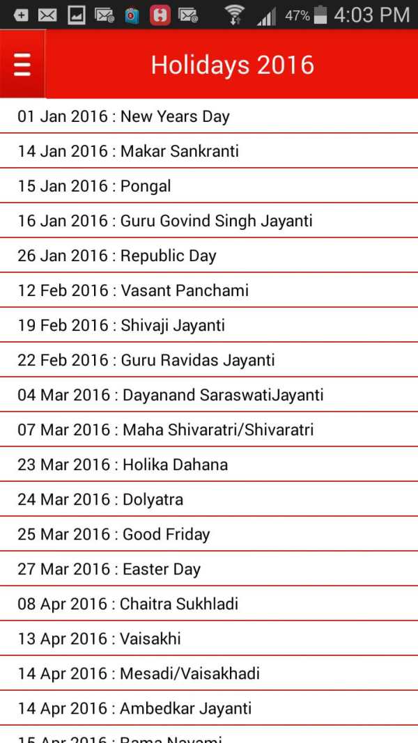 Indian Holiday Calendar 2016 screenshot 4