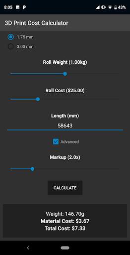 3D Print Material Cost Calculator screenshot 3
