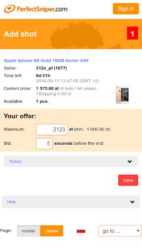 PerfectSniper - auction sniper for Ebay screenshot 2