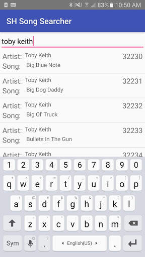 Sam's Hideaway Karaoke Songs screenshot 1