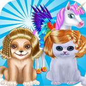 Game cooking and shopping and dressing up animals logo