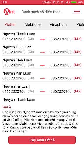 My Contacts - Chuyển đổi đầu số các nhà mạng screenshot 2