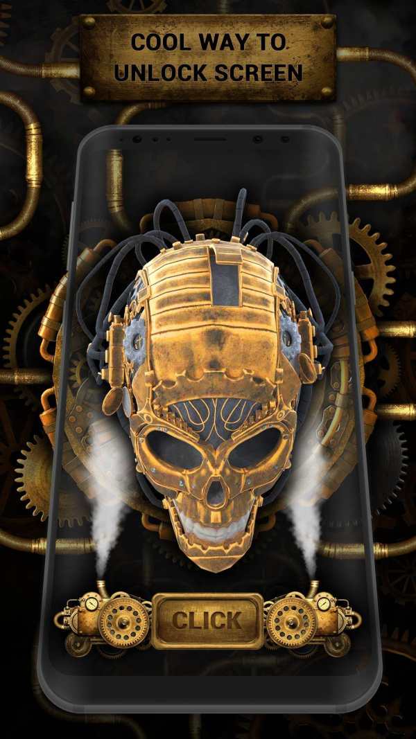 3D Golden Steampunk Skull Lock Screen screenshot 3