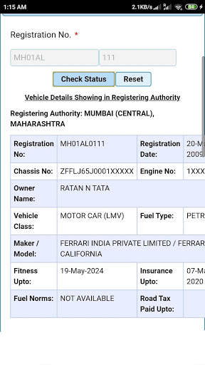 Vehicle registration details screenshot 1