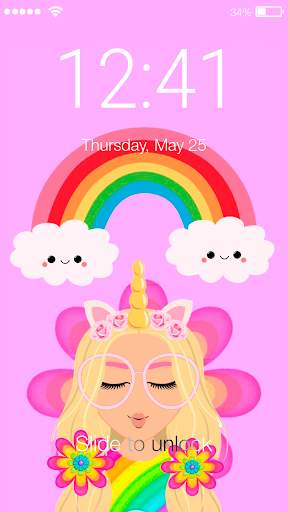 Unicorn Cute Pink Girly Black Theme Screen Lock screenshot 1