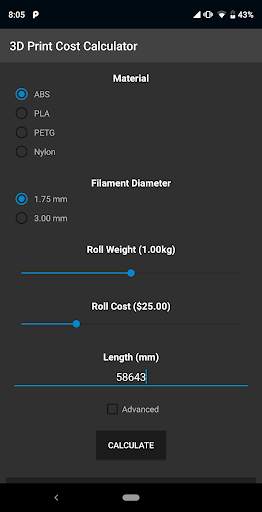 3D Print Material Cost Calculator screenshot 1