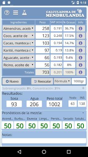 Mendrulandia (calculadora de saponificación) screenshot 2