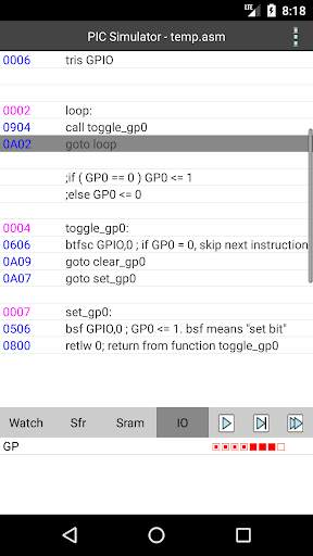 PICmicro simulator and assembler screenshot 3