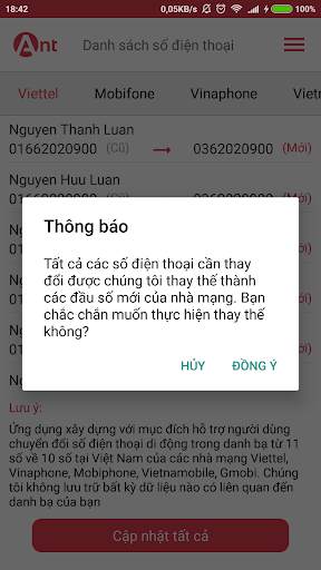 My Contacts - Chuyển đổi đầu số các nhà mạng screenshot 3