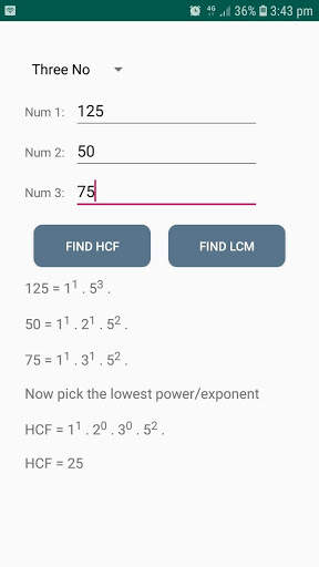 HCF and LCM Factorization Fraction Percentage calc screenshot 2