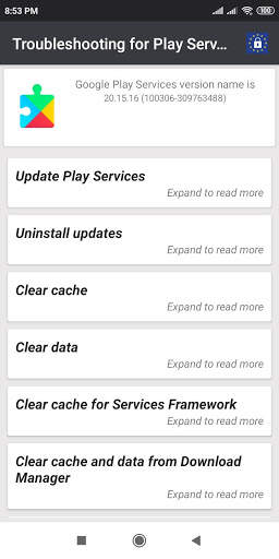 Troubleshooting for Play Services screenshot 1
