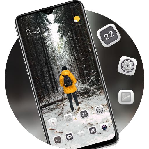 Nature theme yellow down jacket man snow forest icon