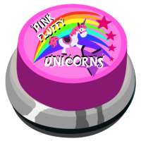 Pink fluffy unicorns dancing on rainbows button logo