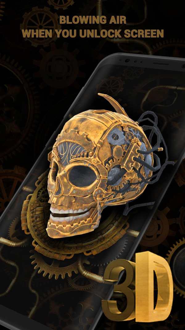 3D Golden Steampunk Skull Lock Screen screenshot 2